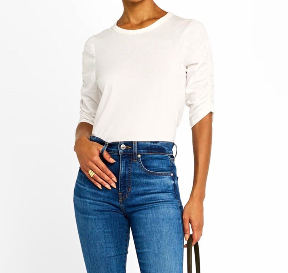 Veronica Beard Waldorf T shirt White Ruched Puff Pima Cotton Women's size L
